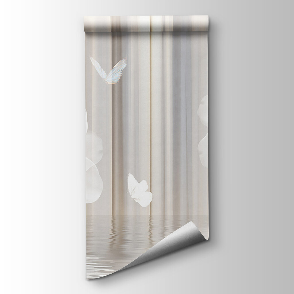 White flowers and butterflies in a room