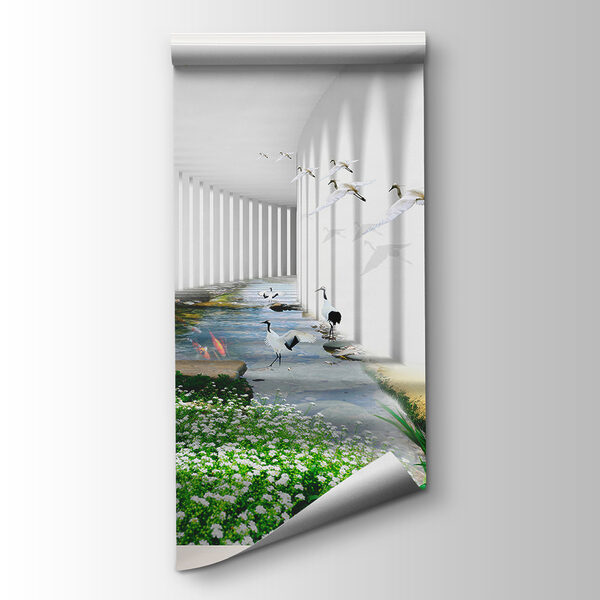 Window with a view of a pond and flowers Window with a view of a pond and flowers