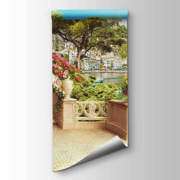 Stone staircase with flowers and trees on the side of the water