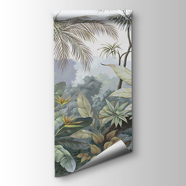 A mural of a forest with trees and water