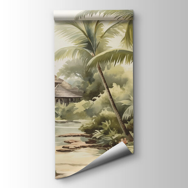 Watercolor painting of a house and palm trees