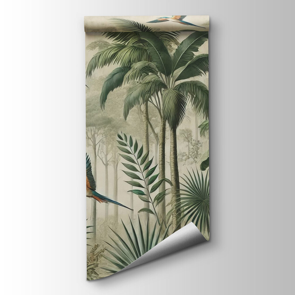 Mural of birds flying over a forest