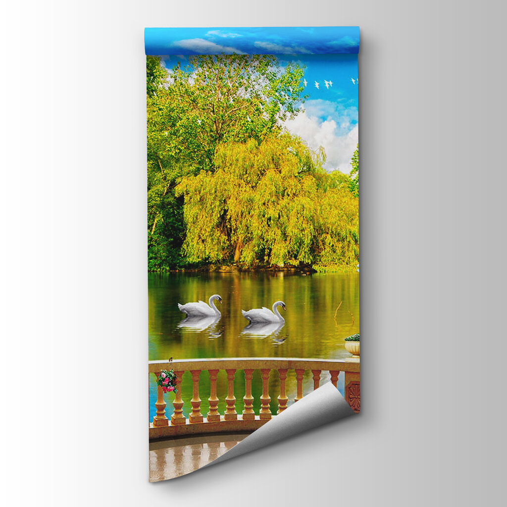 View of a pond with birds and trees