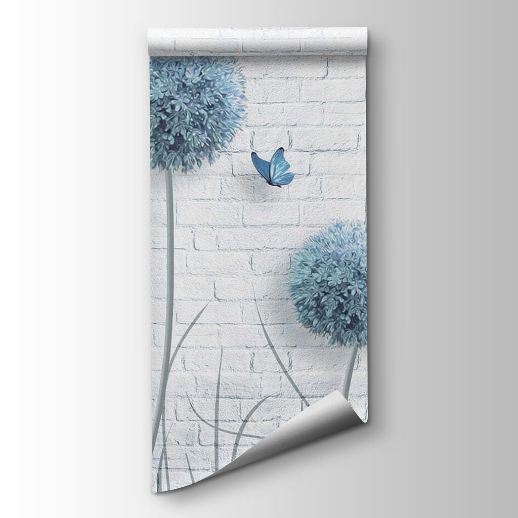 Wallpaper with blue flowers and butterflies
