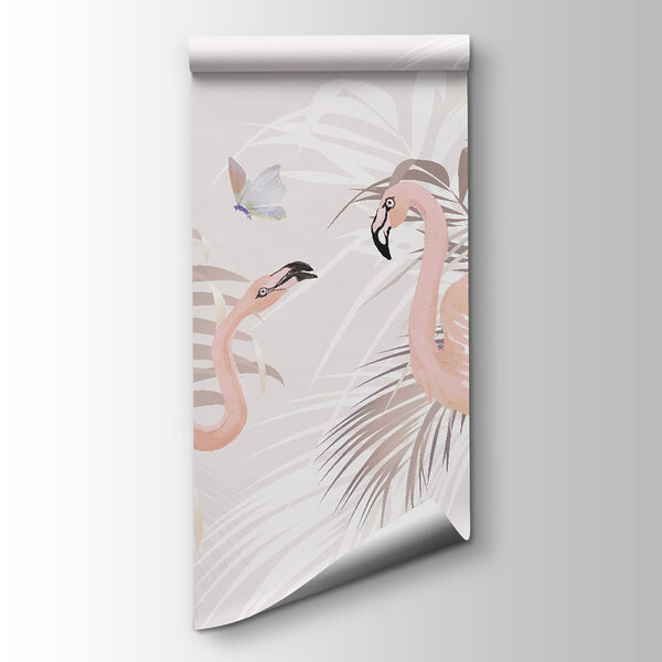 Pink flamingos and butterflies in a tropical garden