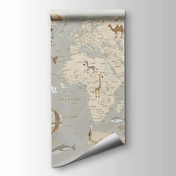 A map of the world with airplanes and hot air balloons