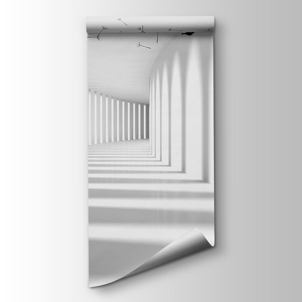 White room with trees and birds flying