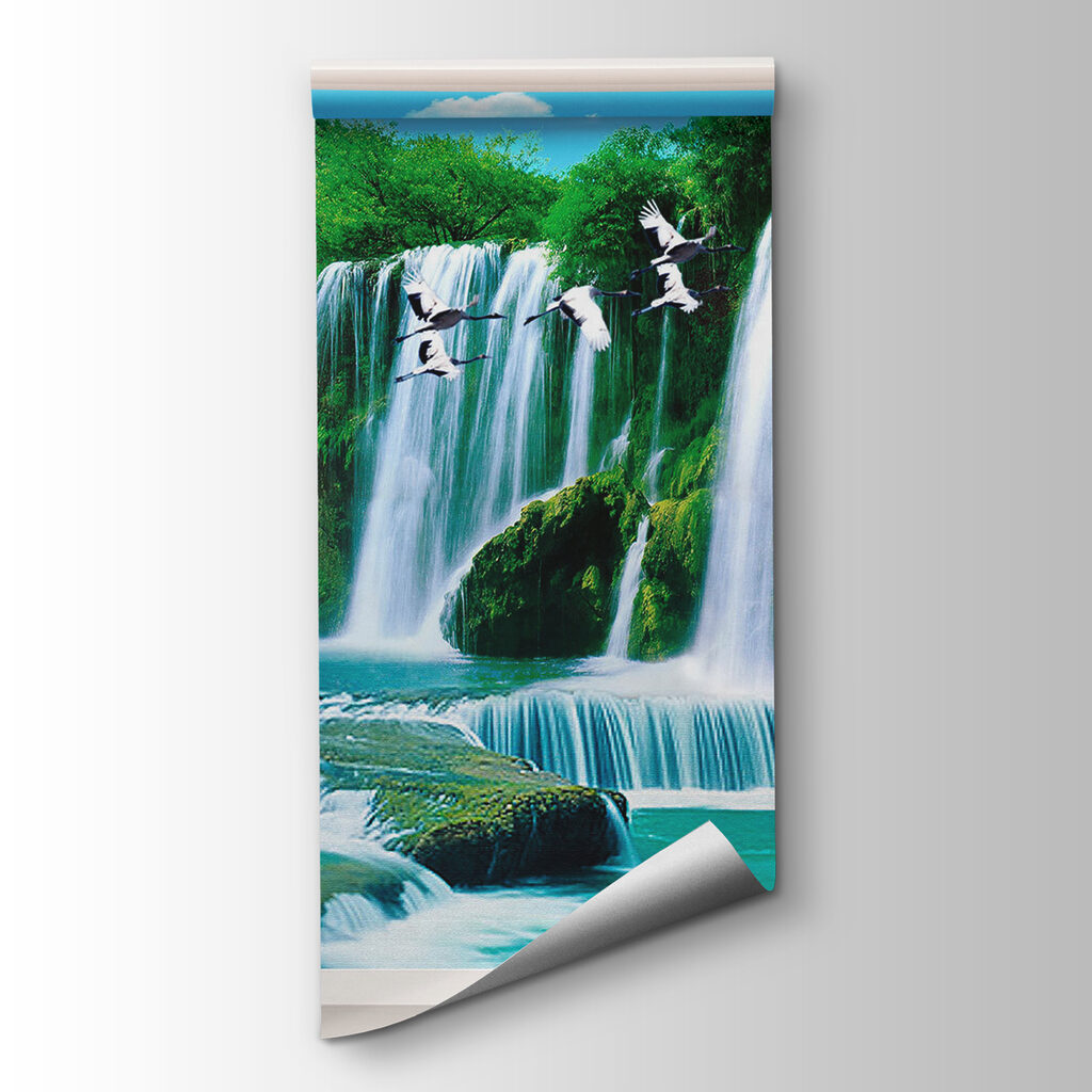 Window with a waterfall and birds flying through it