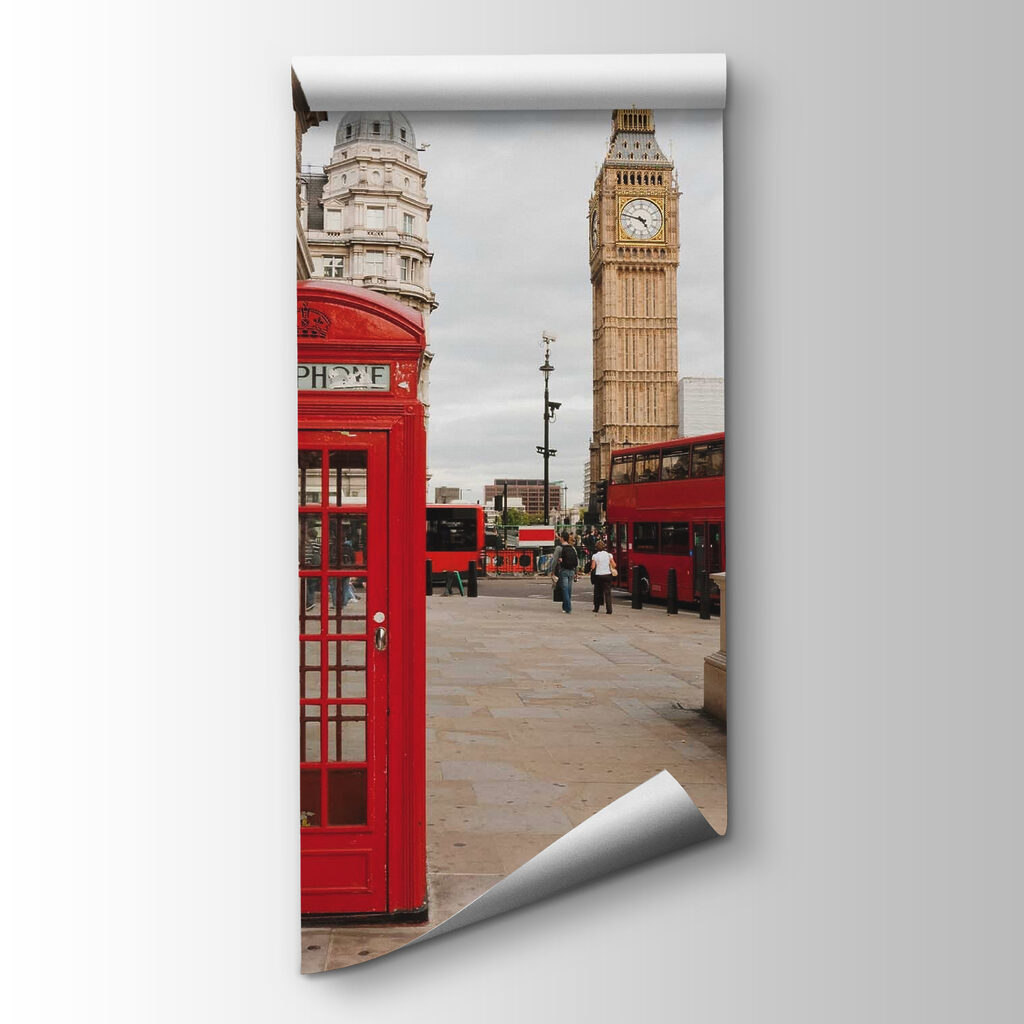 Red telephone booth in a city