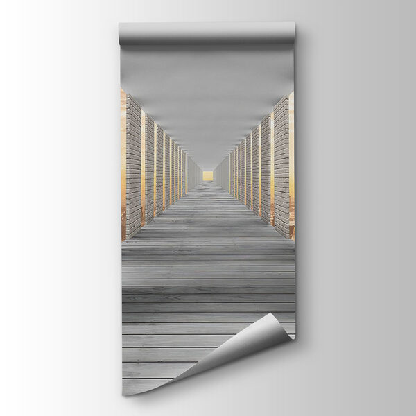 Long walkway with pillars and a city in the background