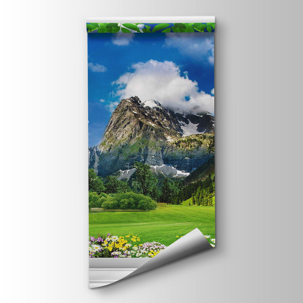 Window with a view of a mountain range and trees