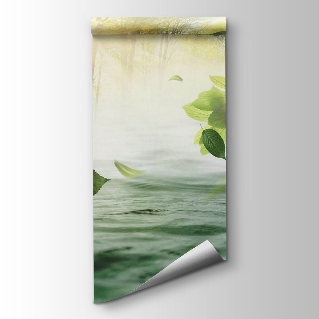 Water with leaves flying through the air