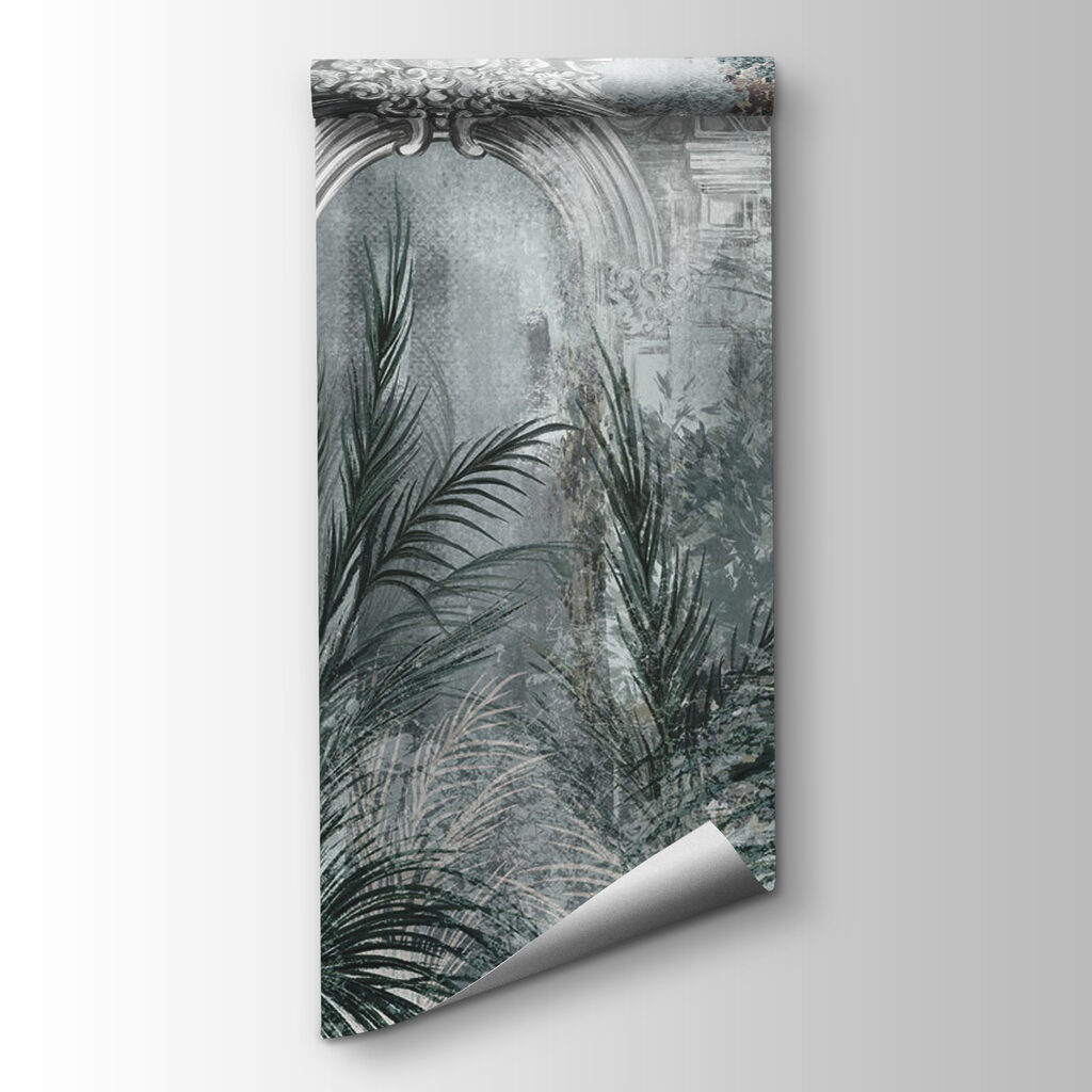 Wallpaper with a stone arch and plants