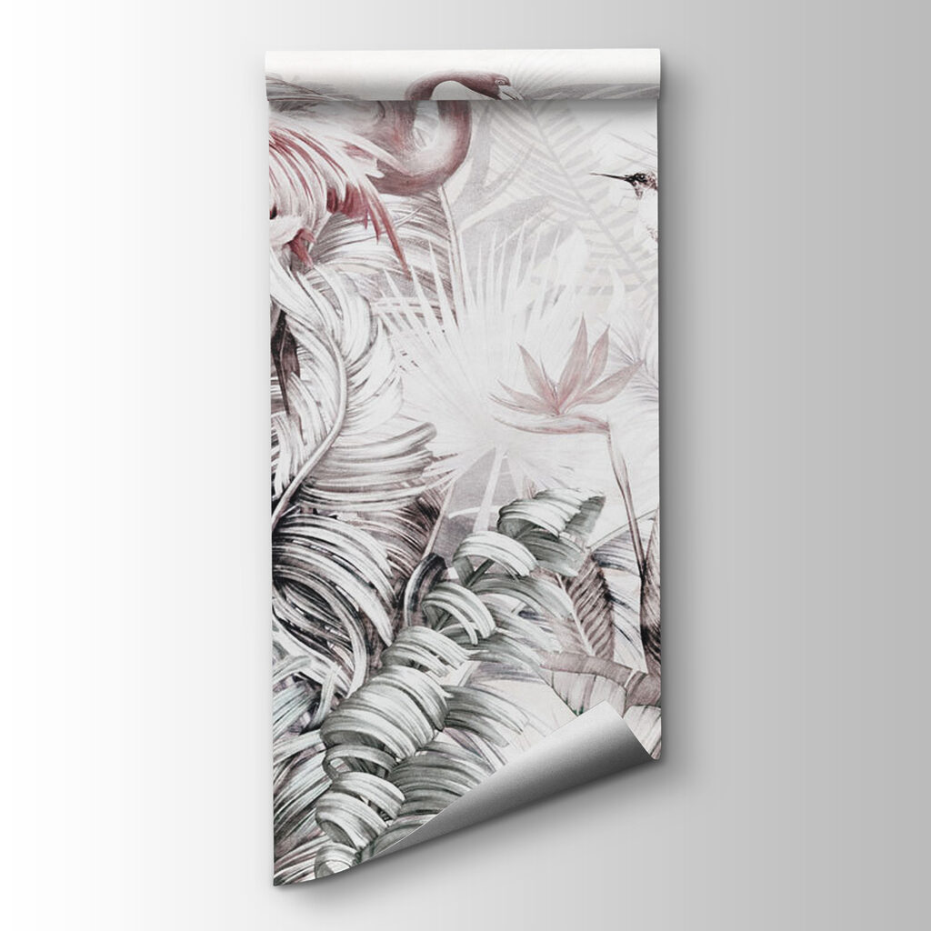 Wallpaper with flamingos and birds