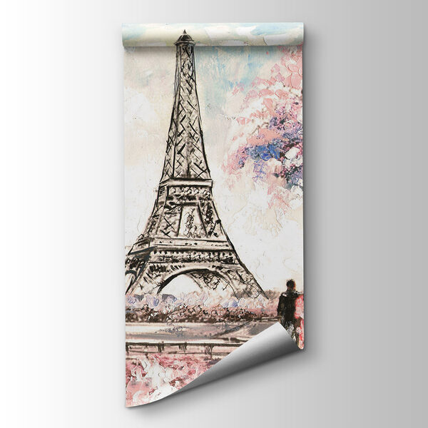 Painting of a tower with pink flowers