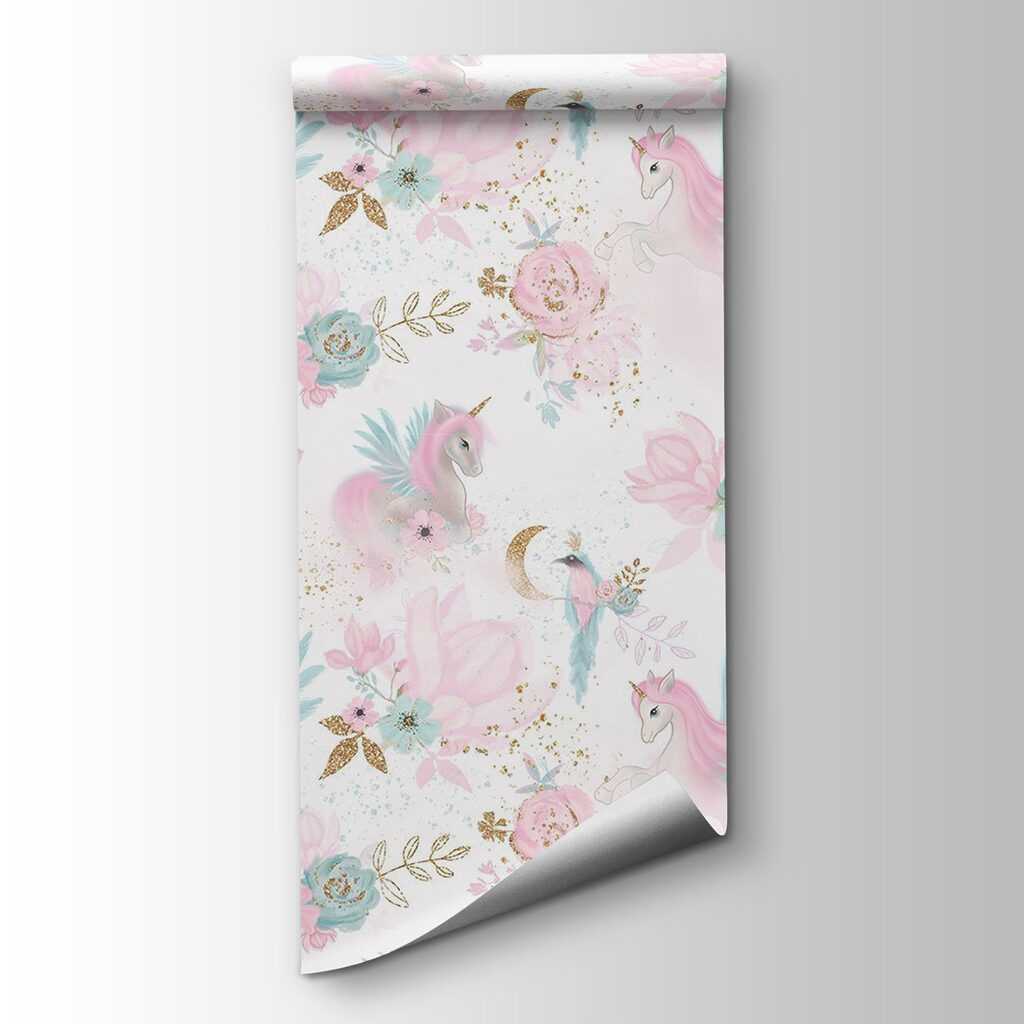 Pattern of pink and blue unicorns and flowers