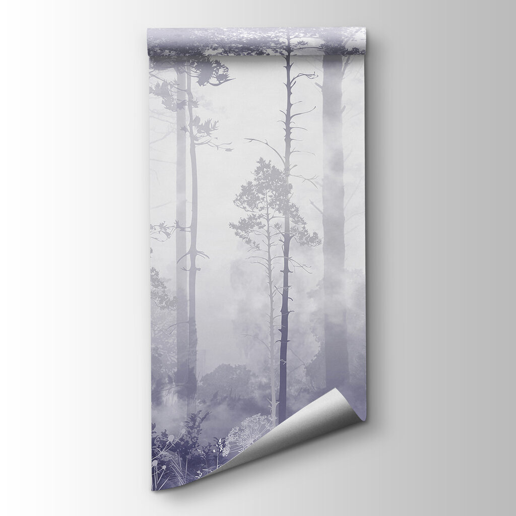 A foggy forest with tall trees