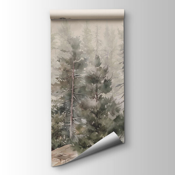 Watercolor of trees and birds flying over a foggy forest