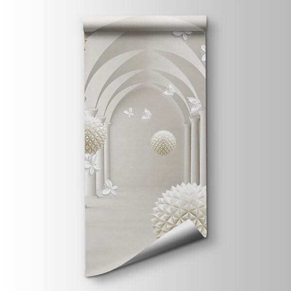 White room with white flowers and white balls