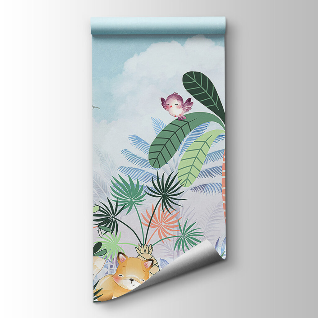 Cartoon of animals and birds in a forest