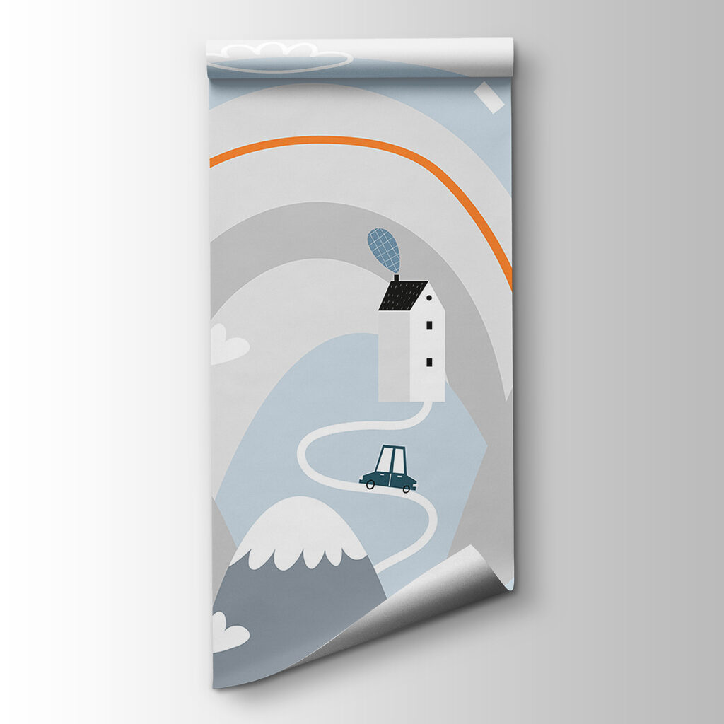 Cartoon of a road with houses and rainbow