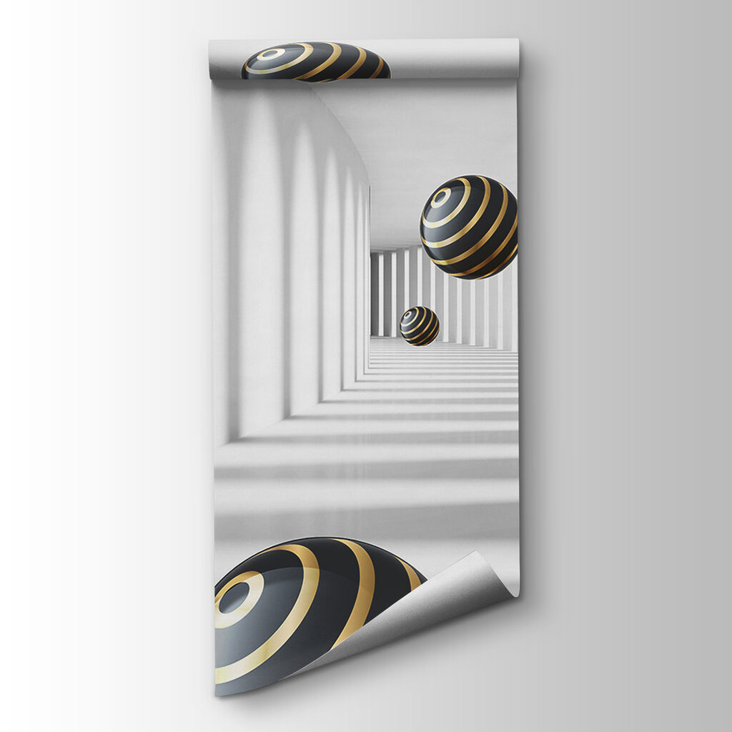 Striped spheres float in white corridor