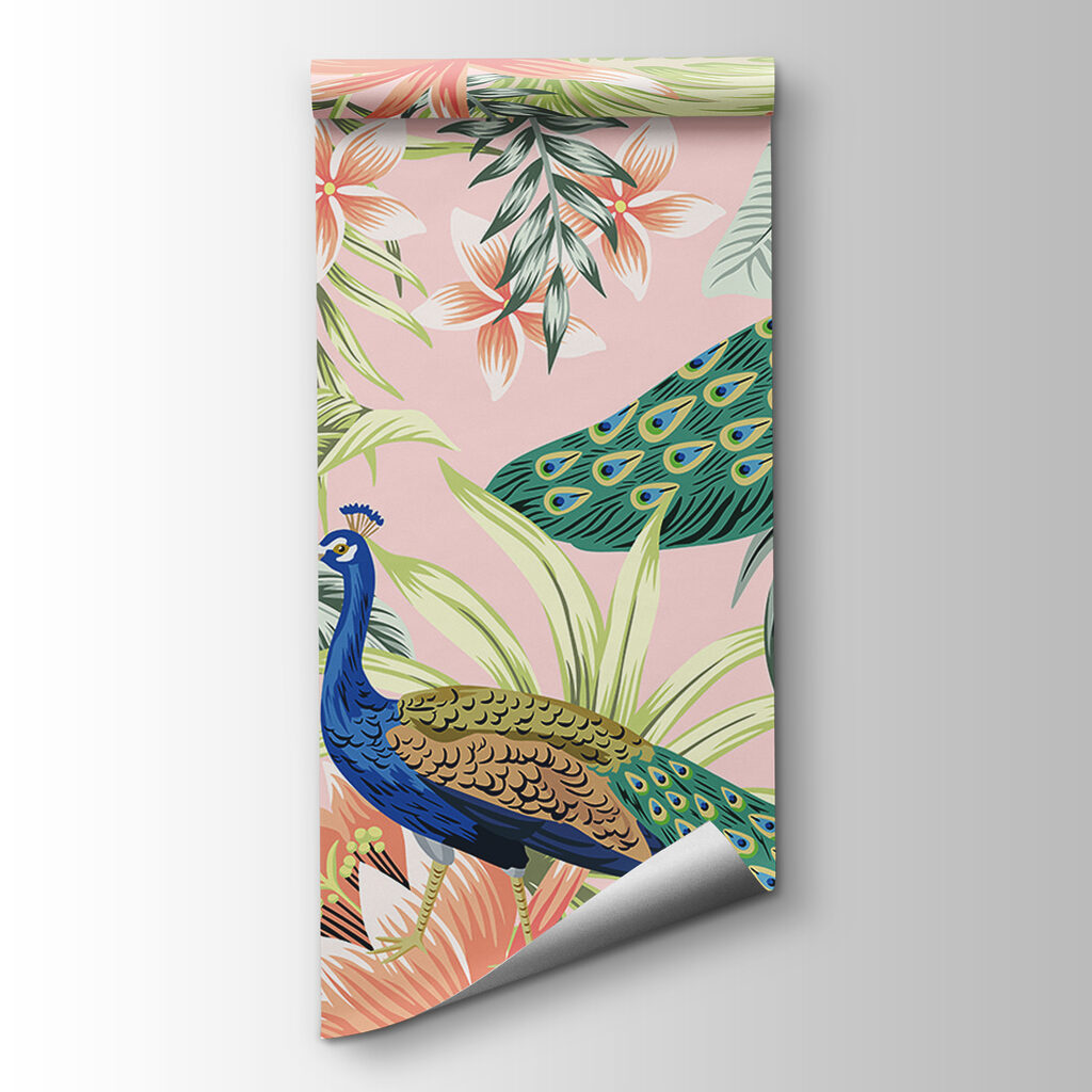 Colorful peacocks and flowers