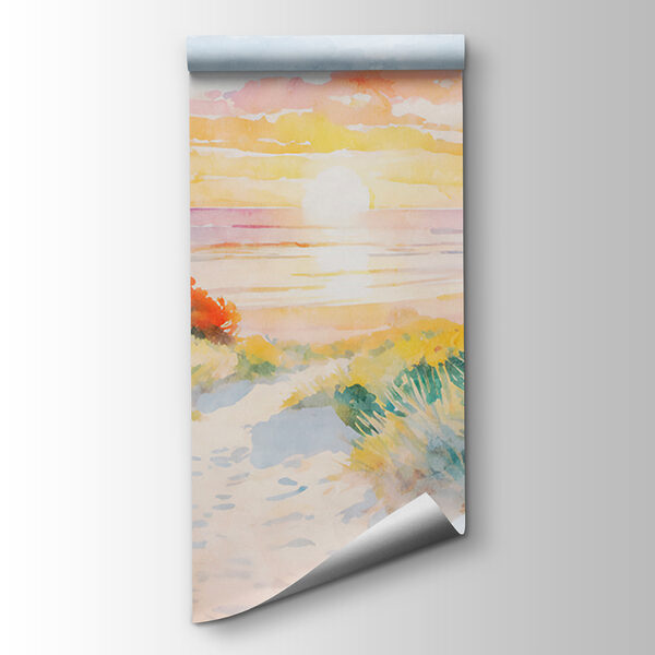 Watercolor painting of a house and a beach