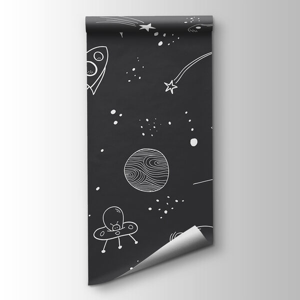 A black and white space background