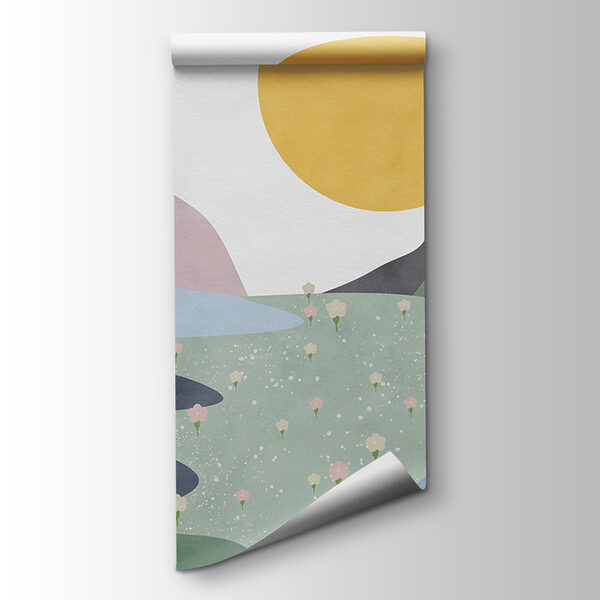 A landscape with mountains and flowers