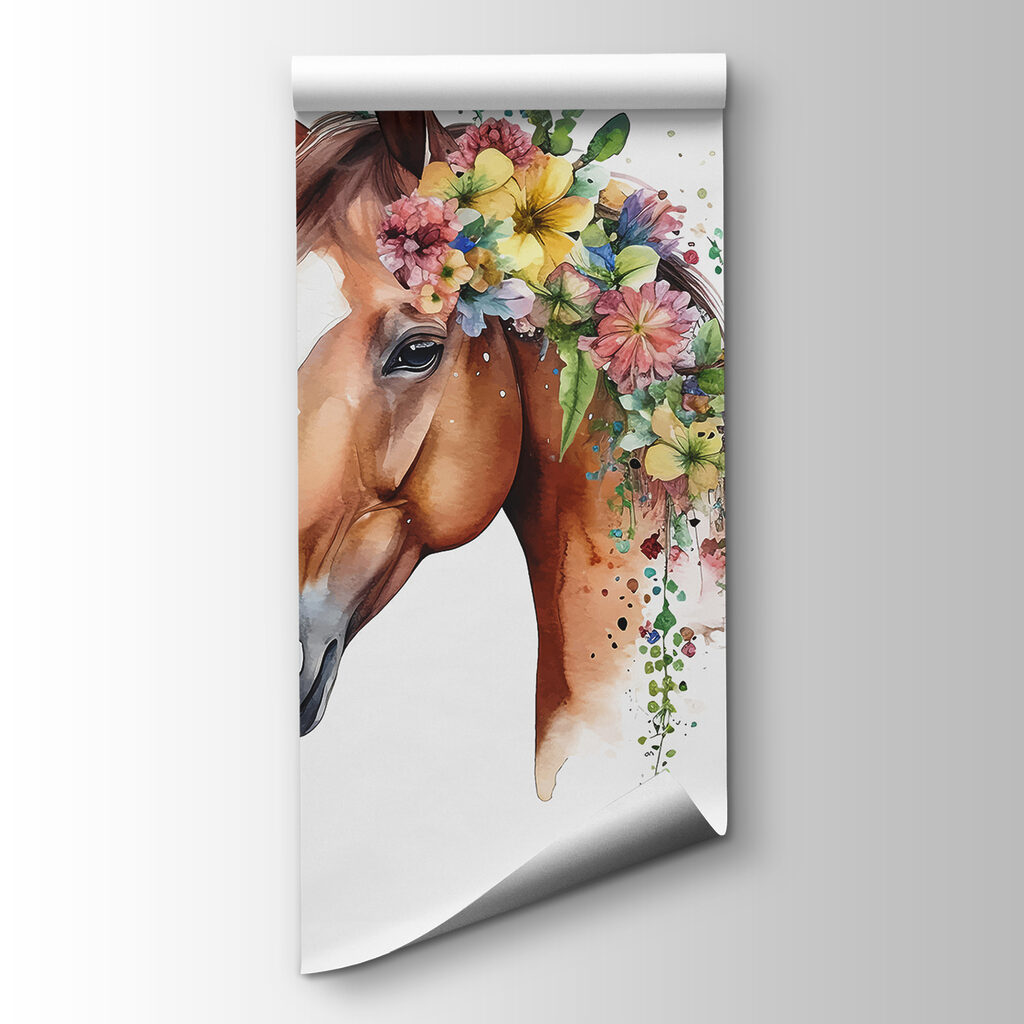 A watercolor of a horse with flowers on its head