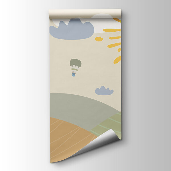 A giraffe standing in a field with a sun and clouds