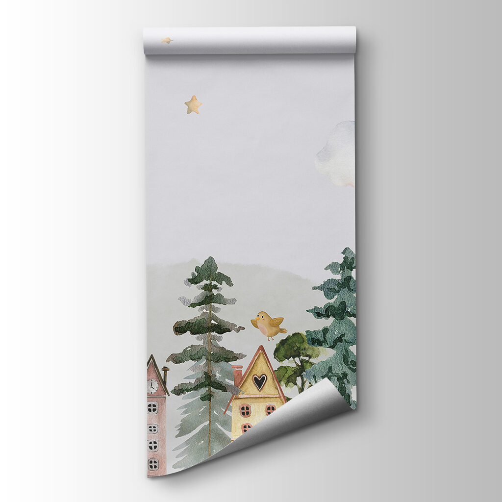 A watercolor painting of houses and trees