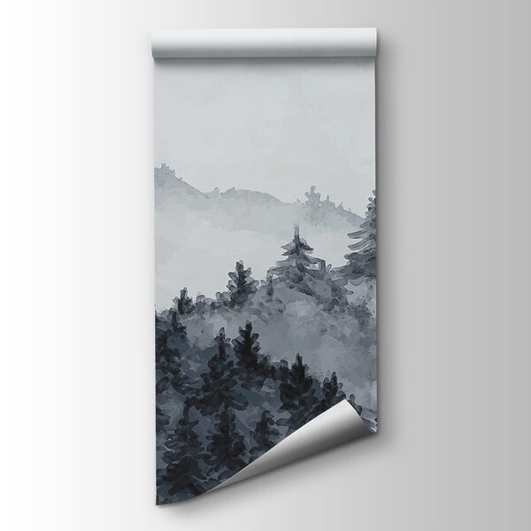 A foggy forest with trees
