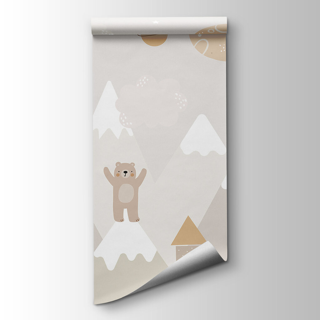 A wall mural of a cartoon landscape