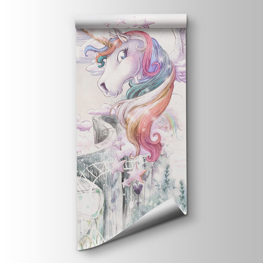 A unicorn with wings and a person flying