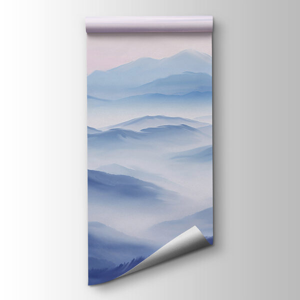 A landscape of mountains with fog