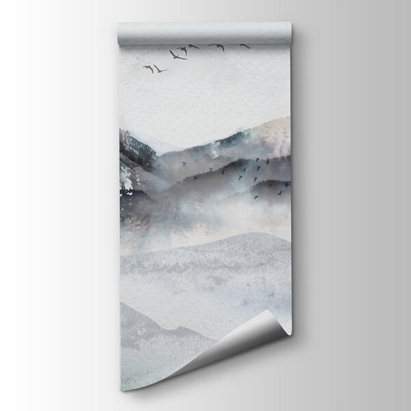 A painting of a mountain range with birds flying over it