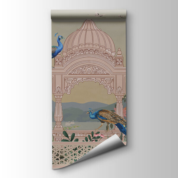 Mural of a building with a roof and birds