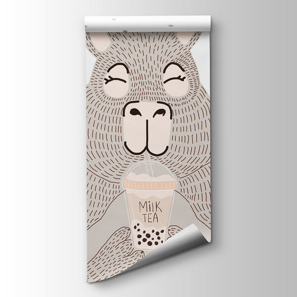 Cartoon of a bear holding a bubble tea