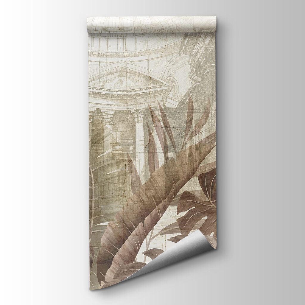 A painting of leaves and a building