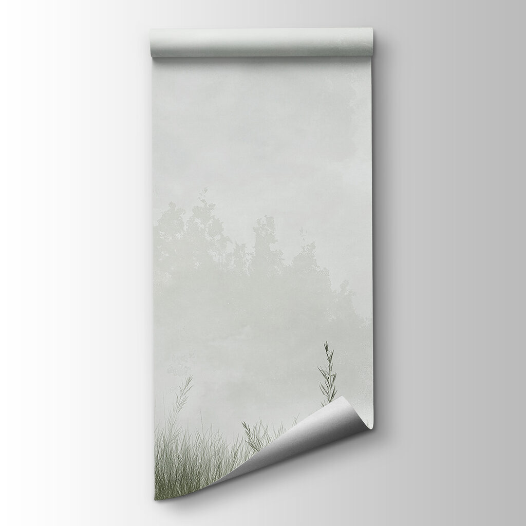 Foggy landscape with trees and grass