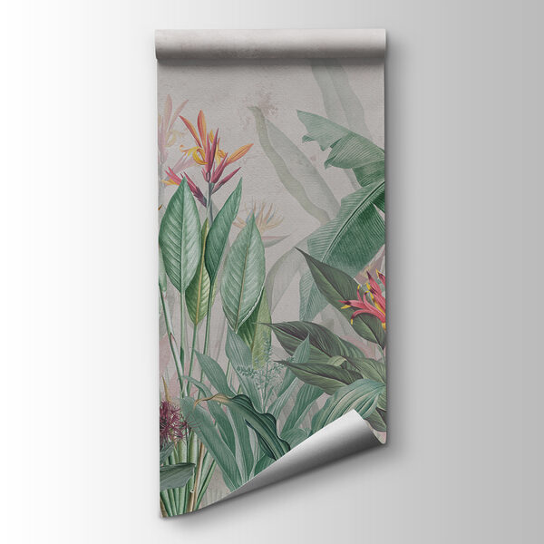 Wallpaper with a pattern of flowers and leaves