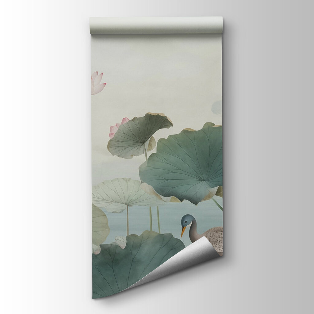 Duck in a pond with lotus flowers Duck in a pond with lotus flowers