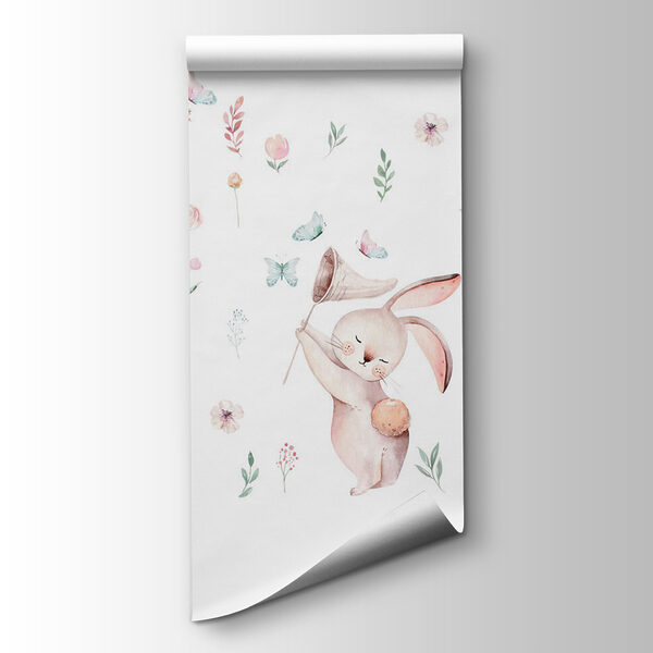 Group of rabbits with flowers and butterflies