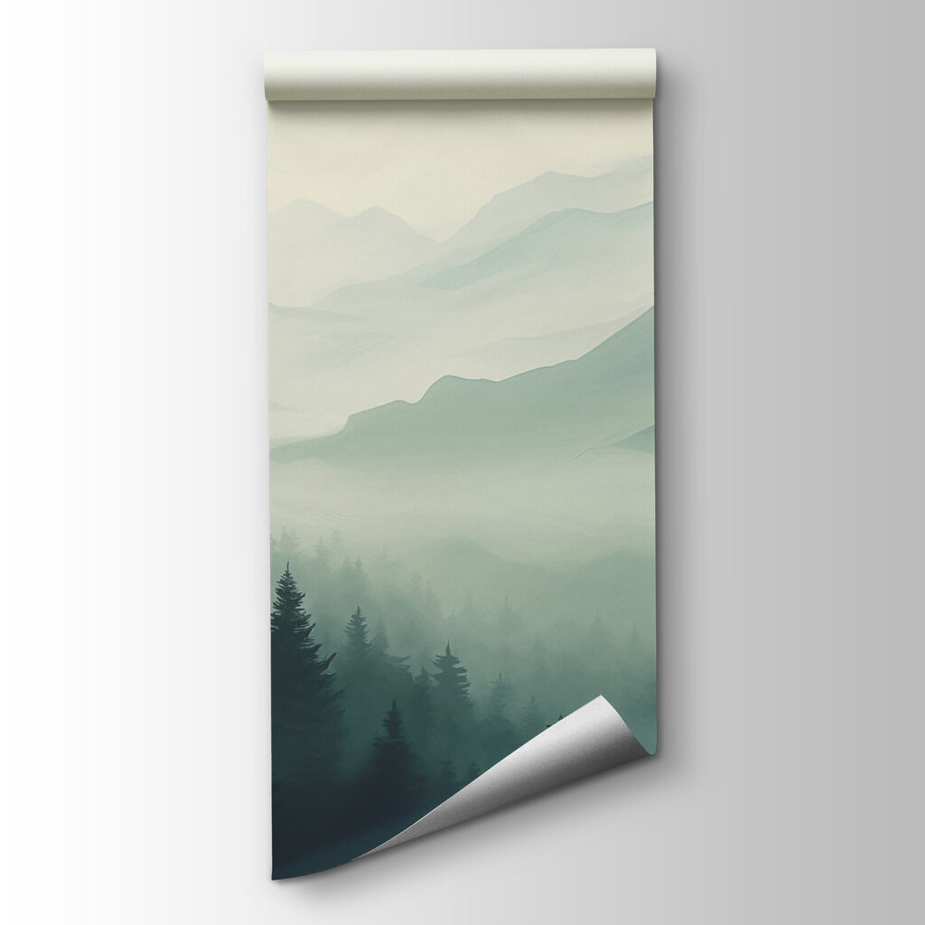 Foggy mountain landscape with trees