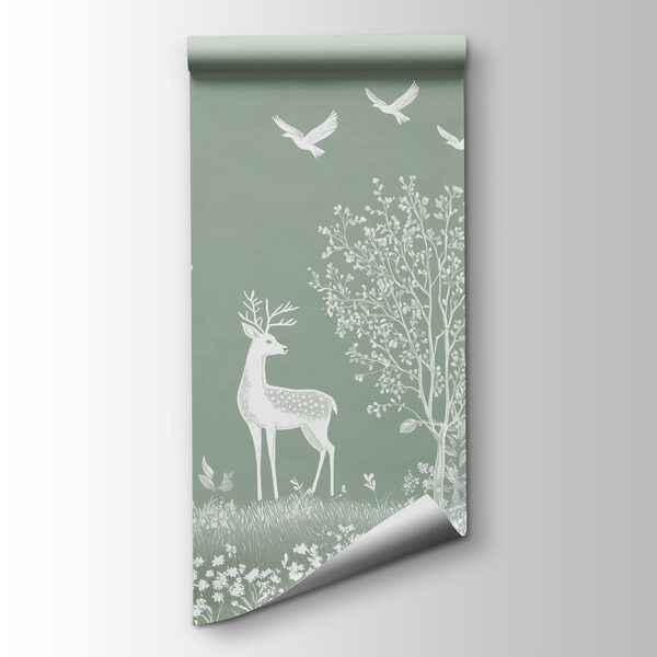 White deer and birds in a field