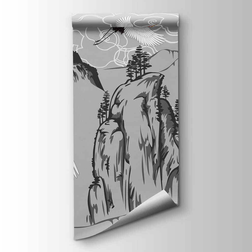 Wallpaper with cranes and mountains