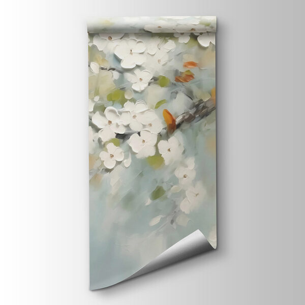 Painting of a tree branch with white flowers