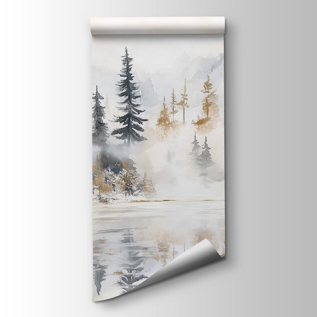 Watercolor painting of a forest and mountains